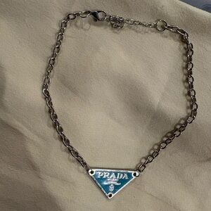 Prada Metallic Silver Triangle Pendant Necklace